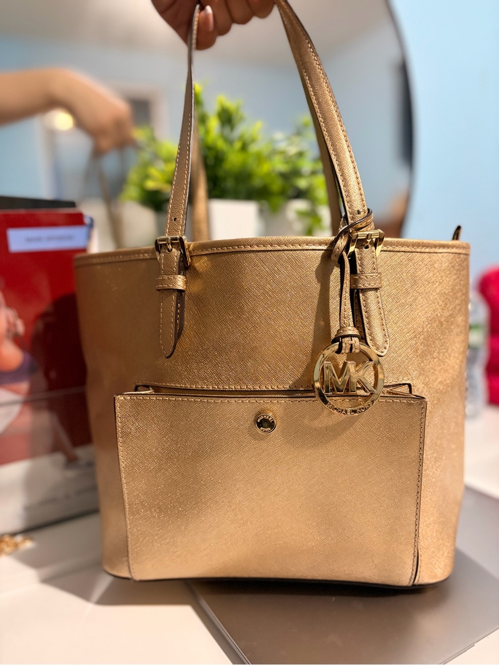 Michael Kors Metallic Gold Saffiano Tote with MK Charm